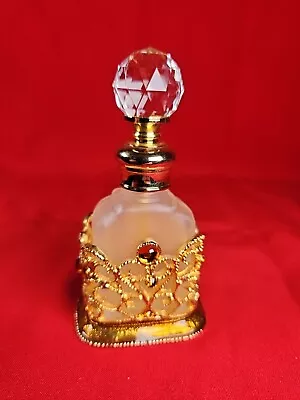 Beautiful Vintage Metal & Glass Amber Colored Stones Perfume Bottle With Stopper • £12.99