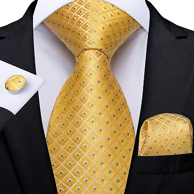 Gold Yellow Brown Paisley Checks Silk Tie Set Necktie Hanky Cufflinks Wedding • £7.34