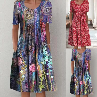 Boho Women Crew Neck Floral Midi Dress Lady Summer Holiday Beach Party Sundress • $19.03