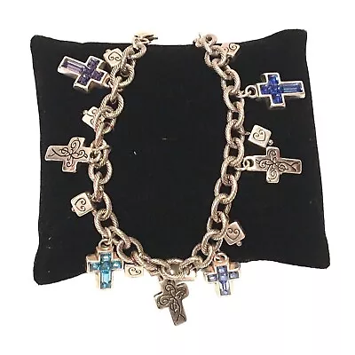 Brighton Cross Charm Bracelet Etched Blue Rhinestone Silver Chain Vintage Easter • $39.95