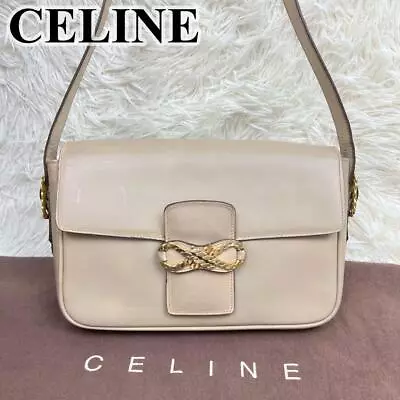 Celine Shoulder Bag Twisted Gold Hardware Flap Pochette Leather Beige From Japan • $157.41