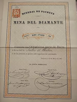 Mexico 1881 Mina Diamante Diamond Mine Pachuca Bond Loan Share Stamp Revenue • $95