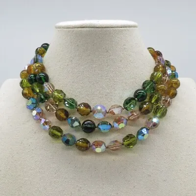 VTG AB Glass Bead Statement Choker Necklace 15 To17  Green Blue Aurora Borealis* • $47.49