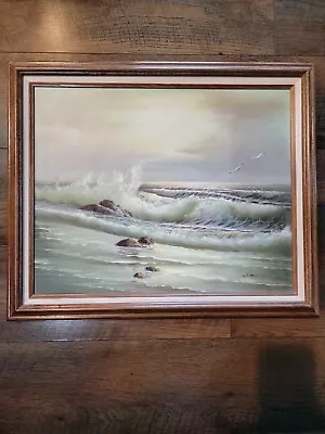 Vintage Seascape Ocean Oil Painting Unknown Painter Seagulls Water Waves Framed • $210