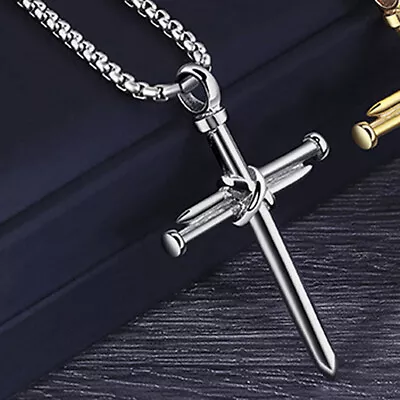 Men Women Jesus Nail Rope Cross Pendant Necklace Stainless Steel Chain Silver • $10