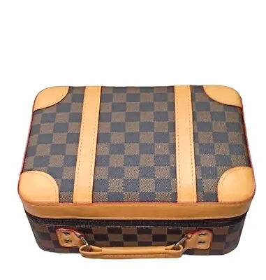 Checkered Brown Vanity Accessory Case Toiletry Cosmetics Make Up Bag • £22.50