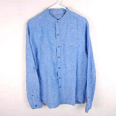 Michael Bastian Shirt Men's Medium Blue Linen Button Up Roll Tab Sleeve Shark • $24.99