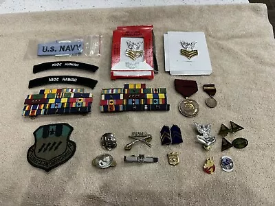 Lot Of U.s. Navy Military Items Ribbons-collar Brass-medals-tie Clip-pins  Etc • $74.99