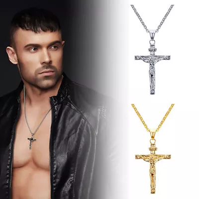 Men's Women's Chain Necklace Cross Stainless Steel Pendant Crucifix Jesus - UK • £2.93