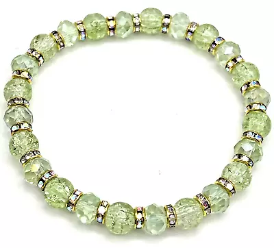 Stunning 8.5  Beaded Stretch Bracelet -Green Glass & Aurora Borealis Rhinestones • $3.50