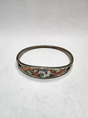 Vintage Alpaca Silver Abalone Orange Bangle Hinged Bracelet  Mexico  • $19.98