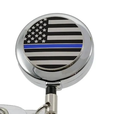 $12.36 • Buy Thin Blue Line Police Badge Reel ID Security Pass Holder Subdued Flag Chrome TBL