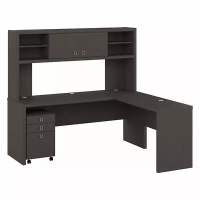 Echo 72W L Shaped Desk With Hutch & Drawers In Charcoal Maple - Engineered Wood • $1128.65