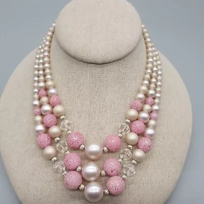 Vintage Japan Necklace 3 Strand Pink Sugar Beads Imitation Pearl 16  • $22.40