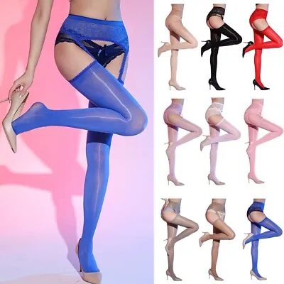 Womens Suspender Stockings Lace Tights Glossy Pantyhose With Garter Tempting • $9.39