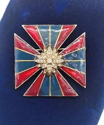 Vintage Signed CINER Red Blue Enamel Rhinestones Maltese Cross Brooch Pendant  • $85