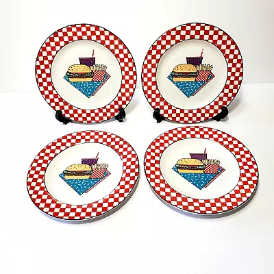 4 Century Stoneware Happy Day Salad Plates Red White Checkerboard 50s Diner • $26.50