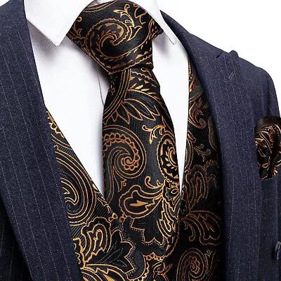 Mens Black Dress Vest Casual Tuxedo Suit Silk Waistcoat Neck Tie Set Wedding SET • $22.99