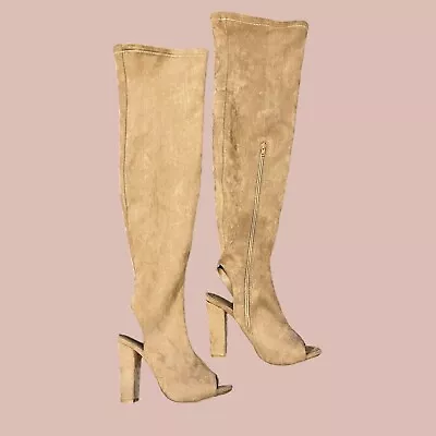 Bamboo Womens Knee High Boots Size US 7.5 Open Toe Faux Suede Sock Block Heel • $20.24