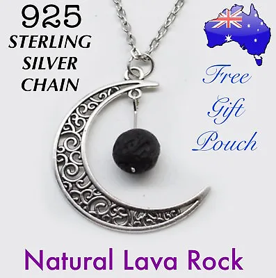 $1 • Buy Lava Rock Moon Aromatherapy Essential Oil Diffuser Pendant 925 Sterling Necklace