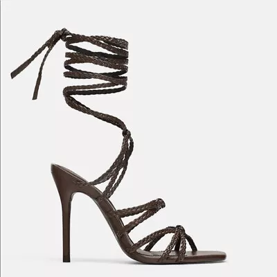 Zara Brown Leather Braided Straps Wrap Around Heeled Sandals NWT 6.5 • $69