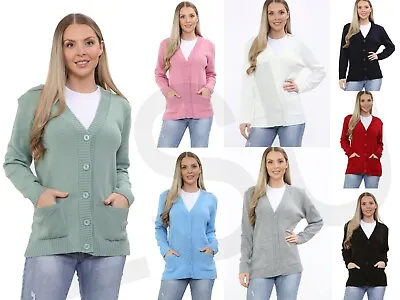 £14.99 • Buy Ladies Women Girls Plain Cardigan With Buttons Knitted Long Sleeve With Pockets