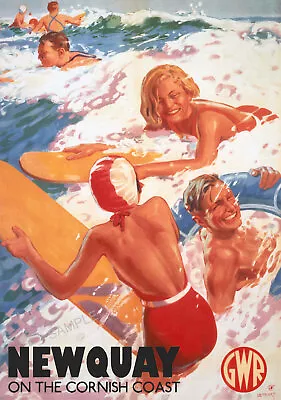 VINTAGE RAILWAY POSTER Newquay Surfing Cornwall Art Deco Surfers Ad PRINT A3 A4 • £5.99