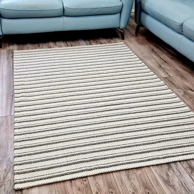 Striped Rugs Cream Grey Colours Natural Cotton Washable Carpet Large Small Mats • £14.99