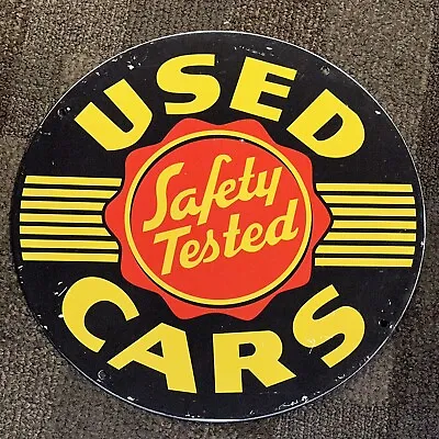 Vintage Used Cars Safety Tested Porcelain Sign Auto Dealership Sales Service Ad • $109.97