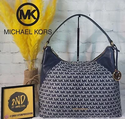 Michael Kors Aria Large Hobo Satchel Signature Canvas Dark Navy • $99