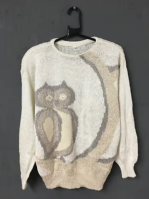 £14.95 • Buy Vintage 80s Retro Cream Kitsch Owl Design Knitted Crew Neck Jumper Size 14