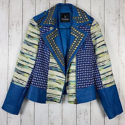 $39.97 • Buy V Cristina Blue Faux Leather Studs Zippers Blazer Jacket Women’s Sz M Petite