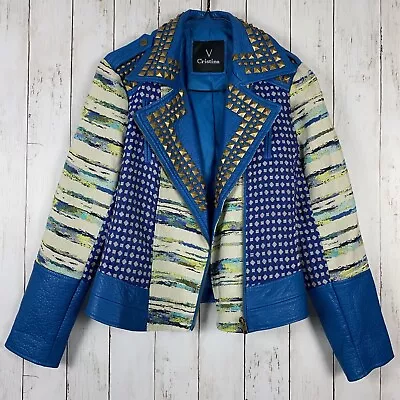 V Cristina Blue Faux Leather Studs Zippers Blazer Jacket Women’s Sz M Petite • $39.97
