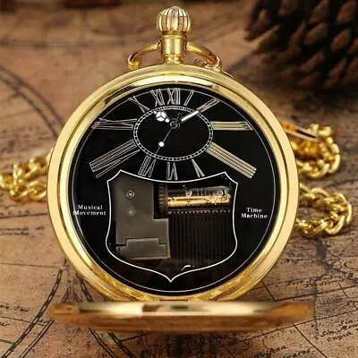 Music Box Pocket Watch Gold Color Case Antique Style Chain Uncommon Quartz C1Q4 • £15.10