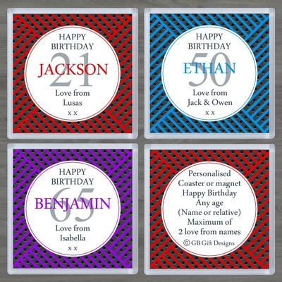 Personalised Birthday Gift/Coaster Or Magnet/Stripes/Dots/Any Age/&/Name • £4.25