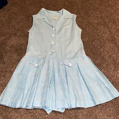 Vintage 60s Mod Blue Drop Waist Pleated Skirt Mini Dress M Shorts White Flowers • $29.99