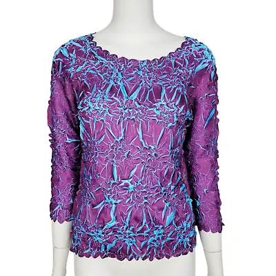 ORIGAMI MAGIC SCARF Women's Top O/S Purple Blue Crinkle Stretch 3/4 Sleeves • $17.99