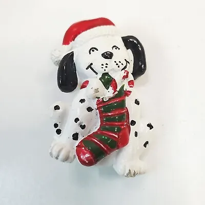 Vintage Dalmation Holding Christmas Stocking Pin White Black Red Brooch • $17.09