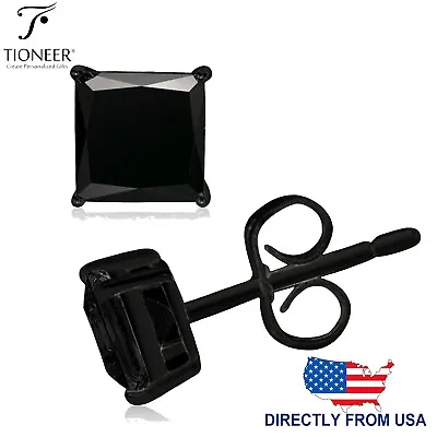 Sterling Silver 925 Dark Princess Square Cut CZ Black Ear Stud Men Women Earring • $8.75