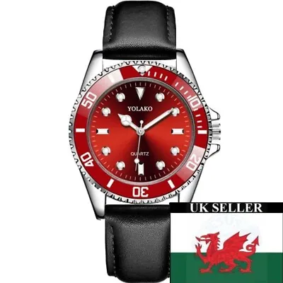 Gents Red Face “Mercedes” Hands Red Bezel Black Genuine Leather Strap Watch • £9.99