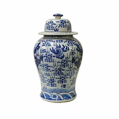 $580 • Buy Chinese Blue White Porcelain Double Dragons Graphic General Temple Jar Ws1784