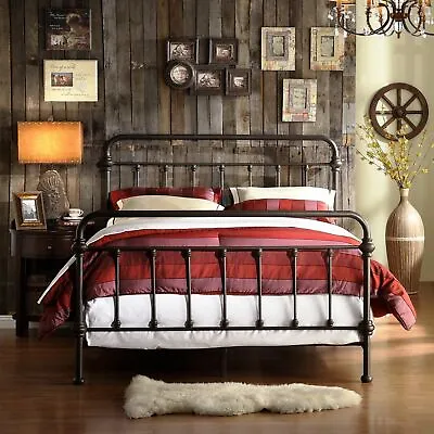 Full Size Bed Vintage Antique Iron Style Metal Headboard Footboard Frame Bronze  • $357.77