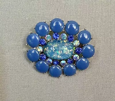 Vintage Jewelry - Silver Tone - Blue Confetti Cabochon - Oval Pin • $5