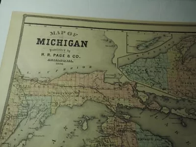 Original Large Map Michigan H.R. Page Hand Colored 1886 • $16.99