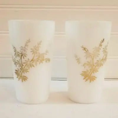 Set Of 2 Vintage FEDERAL Milk Glass Tumblers Golden Glory White With Gold Leaves • $15.40