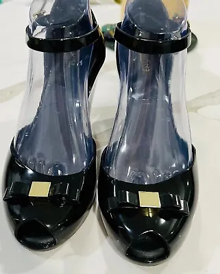 Melissa Lady Love Bow Ankle Strap Black Jelly Wedge Pumps Sandals Peep Toe Sz 8 • $34.95