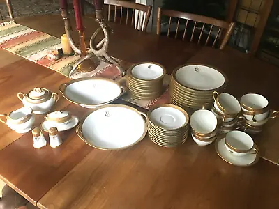 Vintage Limoge Gold Edge Fine China   C  Monogram 57 PC. Service /12 Dinnerware • $499