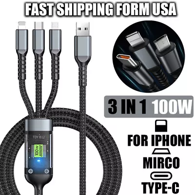 3 In 1 Fast Charging Cable Cell Phone Charger Cord Type-C Micro USB 5A 120W SYNC • $4.22