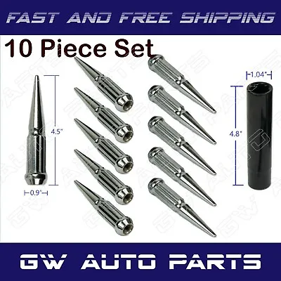 10PCs 1/2 -20 SPLINE SPIKE CHROME SOLID STEEL LUG NUTS 4.5 INCHES TALL WITH KEY • $34.36