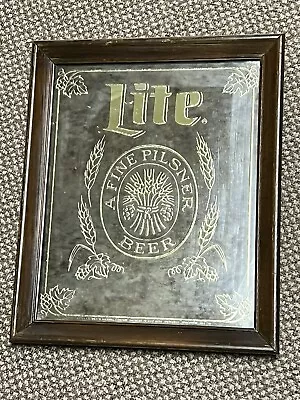 Vintage 1979 Miller Lite Pilsner Beer Wood Framed Bar Mirror Sign Gold 18 X15  • $44.99